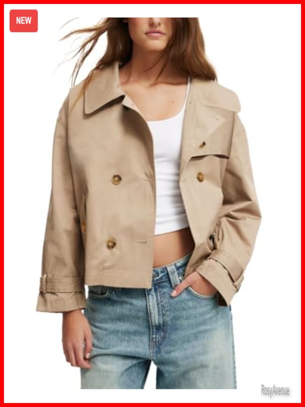 Cropped Trench Coat Double Breasted Notched Lapel Belted Cuffs